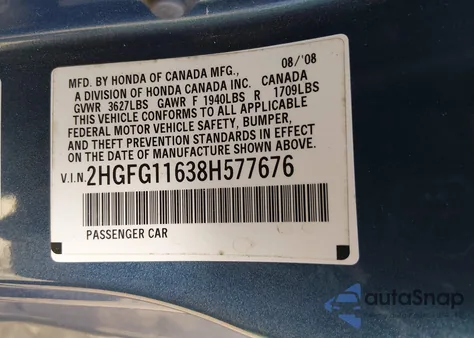 2008 Honda Civic Lx z USA, uszkodzony, nr VIN 2HGFG11638H577676